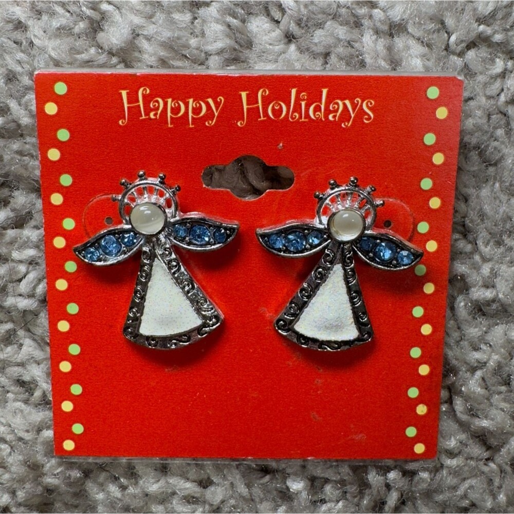 Holiday Angel Stud Earrings Blue Rhinestone Wings White Glittery Moonglow NEW